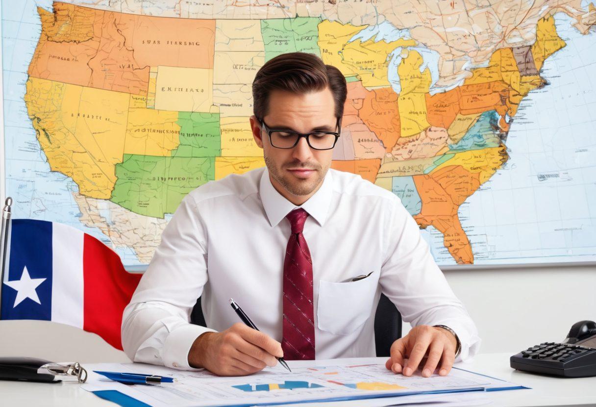 A knowledgeable insurance expert in professional attire providing advice, with Texas state symbols like the Lone Star and a map of Texas in the background. Include charts, documents, and checklists to indicate optimization. The setting should be a modern, organized office. super-realistic. vibrant colors. white background.