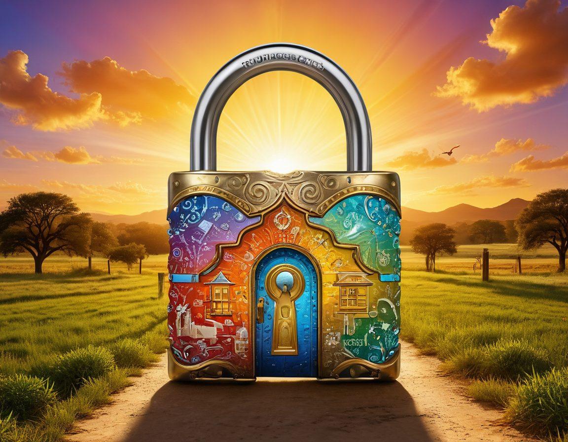 A confident individual unlocking a shining, intricate lock shaped like Texas, revealing symbols of various types of insurance (home, auto, health, life) emerging from golden light. Background shows a dynamic Texan landscape, blending urban and rural elements, with vivid colors symbolizing prosperity and safety. super-realistic. vibrant colors.